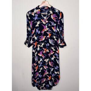 Anthropologie Maeve Martina Black Multicolor Bird Print Button-Up Dress Size:2